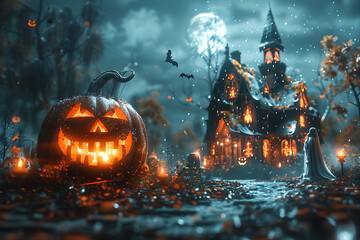 Fototapeta premium A Halloween-themed mockup featuring spooky elements such as jack-o'-lanterns, ghosts, bats, and a haunted house. Perfect for promotional materials, party invitations, or social media posts 