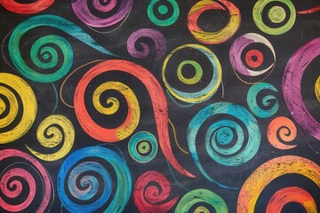 Naklejka premium Chalkboard filled with vibrant spirals and abstract shapes showcases creativity during an art session, inviting playful exploration and imagination. Generative AI
