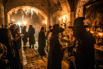 Gothic-themed party in an old castle. Halloween party.