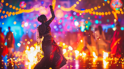 Woman in colorful outfit dances at Diwali surrounded by lights happy people