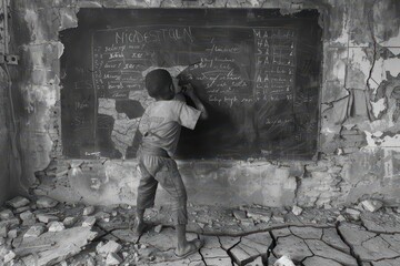 Fototapeta premium A student drawing on a cracked blackboard in an abandoned school, emphasizing creativity, charcoal sketch, monochromatic, high detail