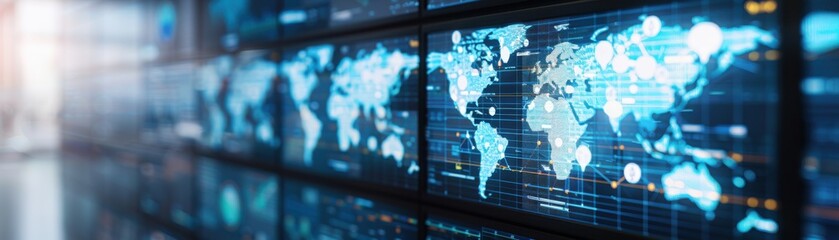 Obraz premium A modern digital world map displayed on a futuristic screen, showcasing global data and connectivity in vibrant colors.