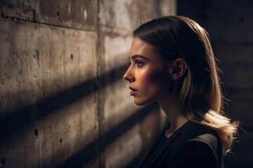Obraz premium A beautiful minimalistic portrait of a stylish woman against a concrete wall with contrasting lighting. Banner, advertisement.