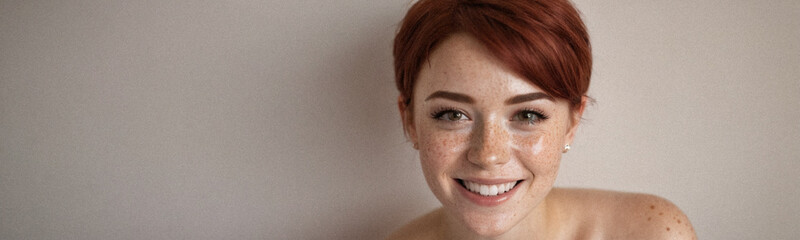 Portrait of a young red-haired woman with a bright smile in a minimalist style.
