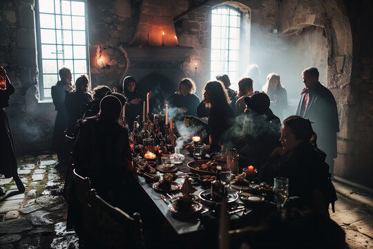 Gothic-themed party in an old castle. Halloween party.