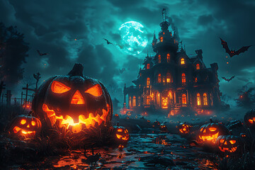 A Halloween-themed mockup featuring spooky elements such as ghosts, bats, and a haunted house. Perfect for promotional materials, party invitations, or social media posts.
