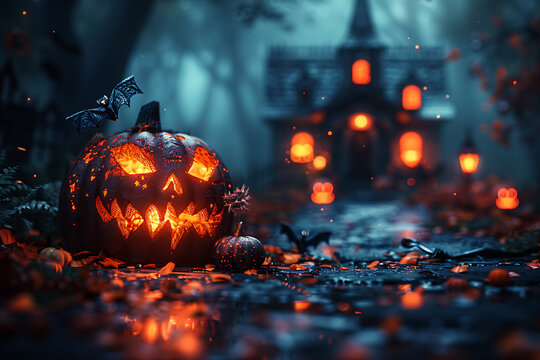 A Halloween-themed mockup featuring spooky elements such as ghosts, bats, and a haunted house. Perfect for promotional materials, party invitations, or social media posts.
