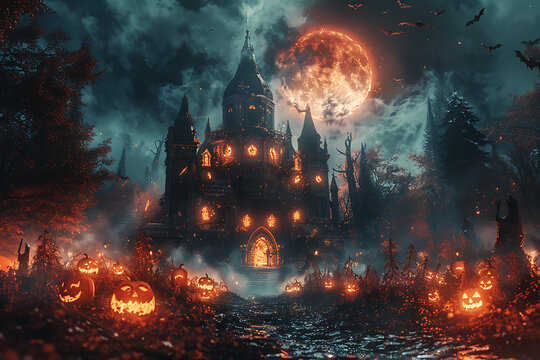 A Halloween-themed mockup featuring spooky elements such as jack-o'-lanterns, ghosts, bats, and a haunted house. Perfect for promotional materials, party invitations, or social media posts.
