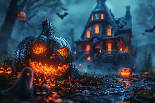 A Halloween-themed mockup featuring spooky elements such as jack-o'-lanterns, ghosts, bats, and a haunted house. Perfect for promotional materials, party invitations, or social media posts.

