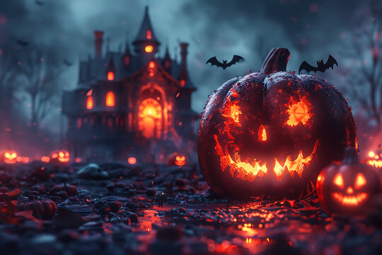 A Halloween-themed mockup featuring spooky elements such as jack-o'-lanterns, ghosts, bats, and a haunted house. Perfect for promotional materials, party invitations, or social media posts.

