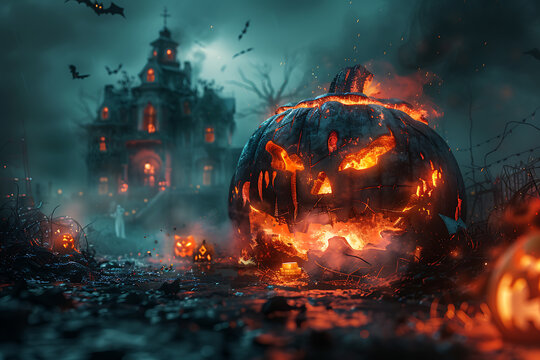 A Halloween-themed mockup featuring spooky elements such as jack-o'-lanterns, ghosts, bats, and a haunted house. Perfect for promotional materials, party invitations, or social media posts.
