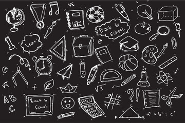 Back to school doodles. School supplies and educational elements. Black Background