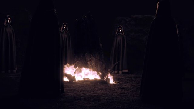 Ritual Masked Circle Old Footage. A night time scene with a ritual circle featuring people in golden masks and hooded robes, stood around a stone monolith with a hot burning fire.