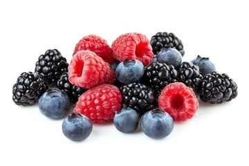 wild berries mix, raspberry, blueberries, blackberries isolated on white background, full depth of field , ai