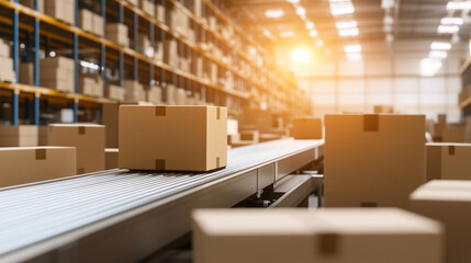 a modern distribution warehouse with cardboard boxes moving along a conveyor belt. The space is well-lit with advanced automation systems, logistics efficiency, industrial warehous