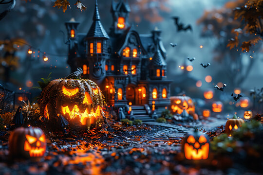 A Halloween-themed mockup featuring spooky elements such as jack-o'-lanterns, ghosts, bats, and a haunted house. Perfect for promotional materials, party invitations, or social media posts.

