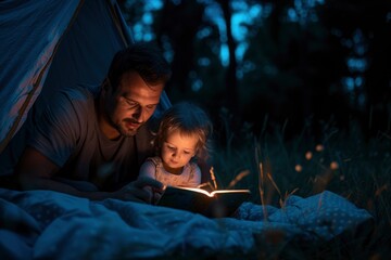 Camping adventure with father reading a story to his daughter under a starry sky. AI-generated