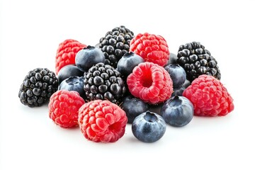 wild berries mix, raspberry, blueberries, blackberries isolated on white background, full depth of field , ai