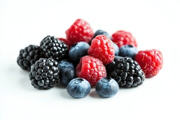 wild berries mix, raspberry, blueberries, blackberries isolated on white background, full depth of field , ai
