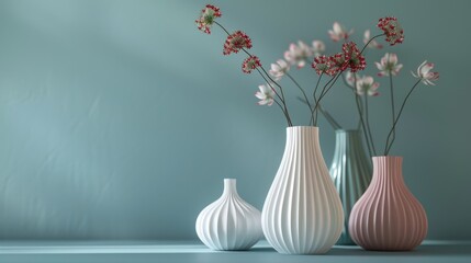 Three elegant vases with delicate pink flowers against a blue wall. Perfect for interior design, home decor, and spring themes.