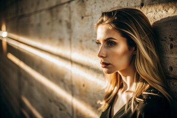 Fototapeta premium A beautiful minimalistic portrait of a stylish woman against a concrete wall with contrasting lighting. Banner, advertisement.