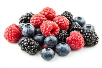 wild berries mix, raspberry, blueberries, blackberries isolated on white background, full depth of field , ai