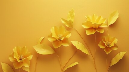 Fototapeta premium Yellow flowers and leaves on a bright yellow background. Minimalist floral design. Perfect for spring or summer themes.