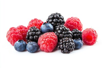 wild berries mix, raspberry, blueberries, blackberries isolated on white background, full depth of field , ai