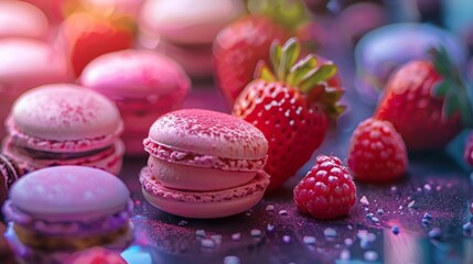 Obraz premium Colorful macarons and berries on festive background