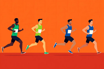 Four diverse runners competing in a colorful sprint against an orange background, showcasing athleticism and teamwork.