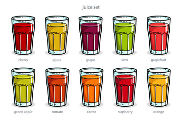 Big set of different juices of diverse colors in glasses vector bright illustrations or icons isolated on white, cartoon style logo or badge for pure fresh juice, diet food beverage healthy.