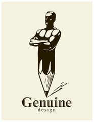 Strongman muscle man combined with pencil into a symbol, strong design concept, creative power allegory, vector perfect classic style logo or icon.
