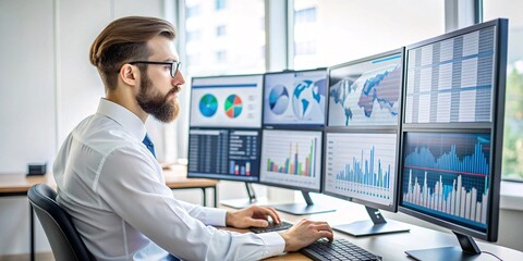 Focused IT Specialist Working in a Modern Monitoring Room with Analytics and Data on Multiple Screens.