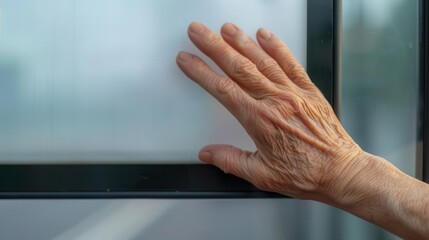 Close-up of an elderly hand touching a glass screen, highlighting interaction with technology and age