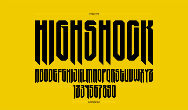 Sharp and bold tall gothic font for logo creation of for headlines, edgy geometric modern vector condensed typeface, heavy metal and hard rock style alphabet with numbers.