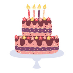 Birthday cake with candles isolated on a white background. Chocolate cake. Trendy vector illustration. Design for posters, banners, cards