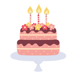 Birthday cake with candles isolated on a white background. Chocolate cake. Trendy vector illustration. Design for posters, banners, cards