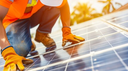 Worker Installing Solar Panels in Bright Sunlight - Renewable Energy Installation