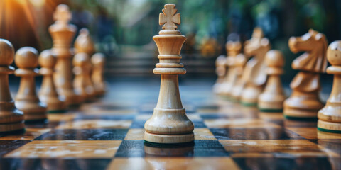 Detailed shot of a chessboard with wooden chess pieces, focusing on the king in a strategic game setting.