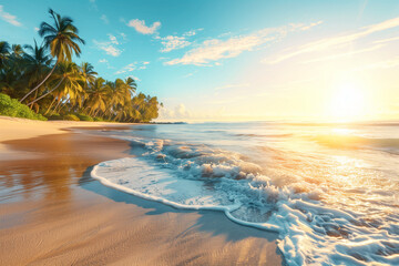 A tropical beach with palm trees, gentle waves, and a clear blue sky