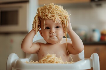 Playful baby messily eating spaghetti in high chair, with pasta on head   candid photography