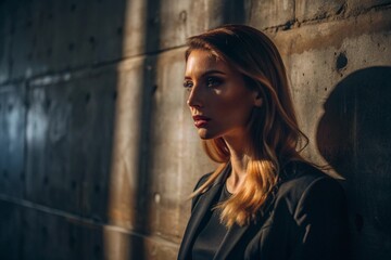 Fototapeta premium A beautiful minimalistic portrait of a stylish woman against a concrete wall with contrasting lighting. Banner, advertisement.