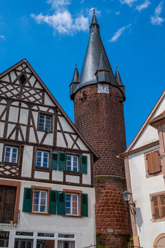 Town hall square in Ottweiler, in the background the old tower, Germany.
