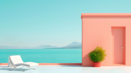 Fototapeta premium Vintage seating near the sea with bright colors of contemporary style, blending timeless nostalgia and retro aesthetics. The scenic outdoor setting of serene summer memories and classic charm.