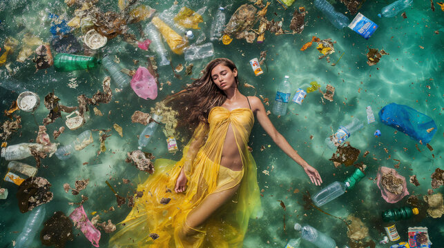 girl sea ocean full of plastic