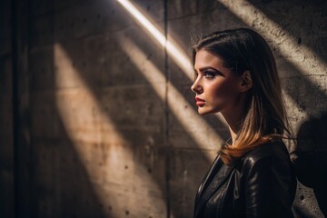 Fototapeta premium A beautiful minimalistic portrait of a stylish woman against a concrete wall with contrasting lighting. Banner, advertisement.