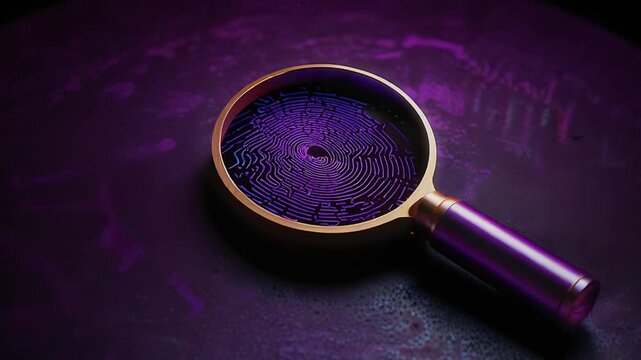 A magnifying glass on a dark, textured surface with a purple shade, centering on a detailed fingerprint pattern. This image signifies investigation, analysis, and identity verification