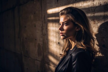 Obraz premium A beautiful minimalistic portrait of a stylish woman against a concrete wall with contrasting lighting. Banner, advertisement.