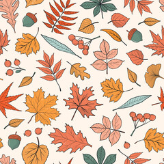 Obraz premium Autumn hand drawn leaves seamless pattern with cartoon elements for prints, cards, posters, wallpaper, wrapping paper, scrapbooking, stationery, etc. EPS 10