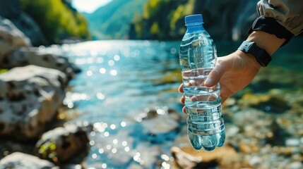 Holding Plastic Bottle by Lake/Sea for Advertisement

Description: A person holding a plastic bottle of water by a serene lake, perfect for promoting environmental sustainability and advertisement